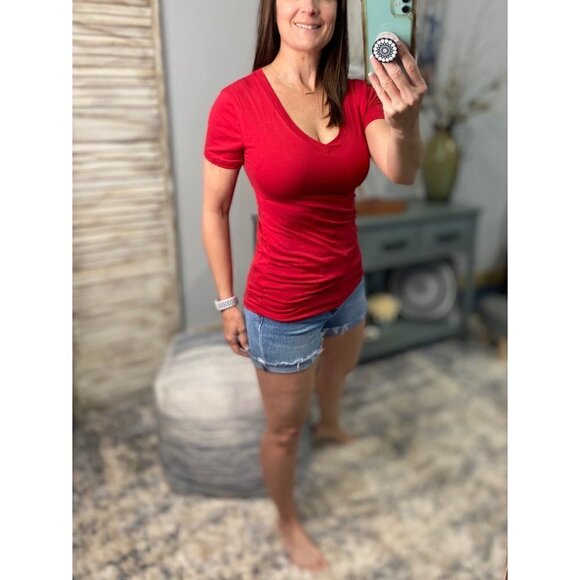 Tops - V Neck Basic Boyfriend Cotton Baby Tee Short Sleeve Deep Red 0323